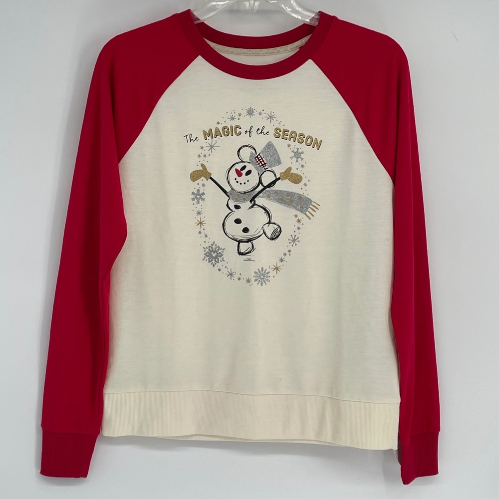 Disney Womens Snowman "The Magic of the Season" Raglan Sweatshirt Cream Red XS
